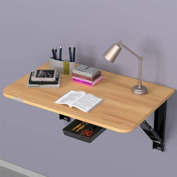 MY ARMOR Wall Mounted Round Corner Folding Study Table with Drawer, 24x16 Inches Engineered Wood Study Table