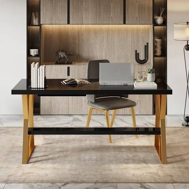 NG Decor 39" Rectangular Computer Desk with Drawer and Shelf Gold Leg Engineered Wood Office Table