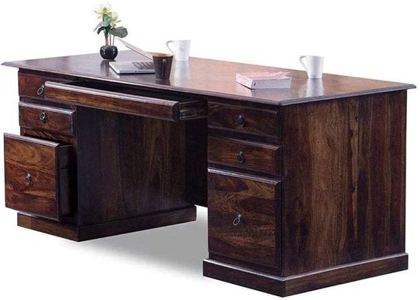 LIFEWOOD Life Wood Solid Sheesham Wood Office Desk Table with 1 Keyboard Tray & 6 Drawers Solid Wood Office Table
