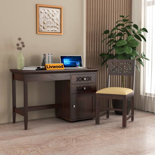 LIVWOOD sheesham wood study table with storage wooden computer table with chair Solid Wood Office Table