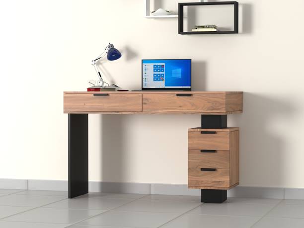 G Fine Furniture Study Table with 5 Drawers|Solid Acacia Wood & Metal,Natural & Black Finish Solid Wood Study Table