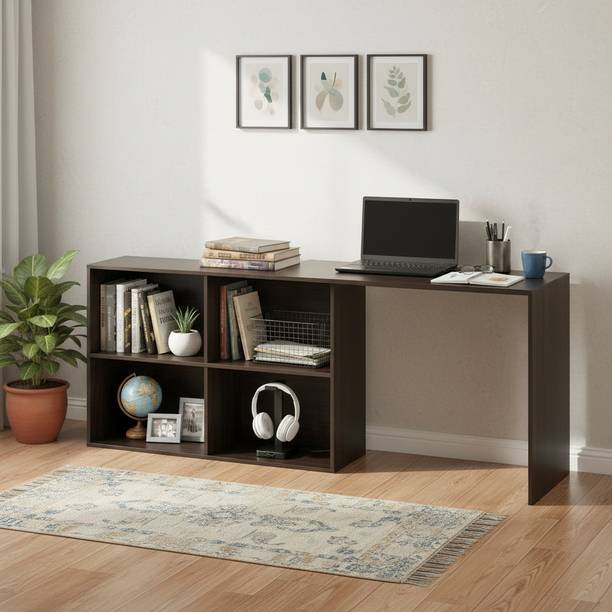 FURNEASER L Shape Computer Table with Bookshelf, Workstation, Foldable Study Table, Engineered Wood Office Table