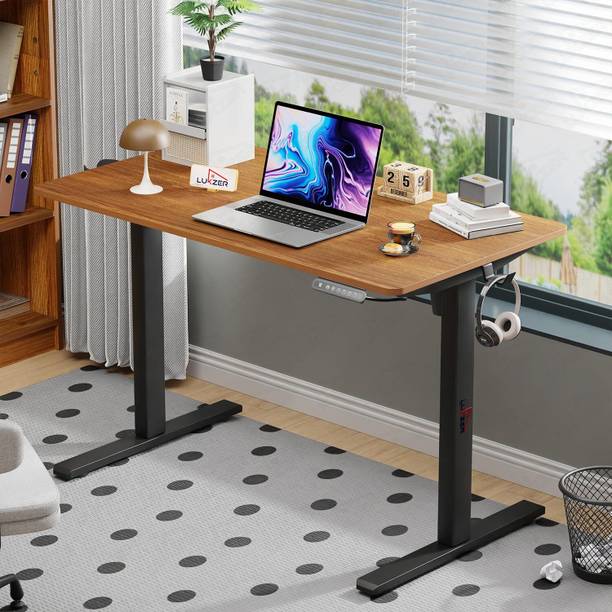 lukzer Electric Height Adjustable Study Table Sit Stand Desk(Black Frame Oak Brown Top) Engineered Wood Office Table