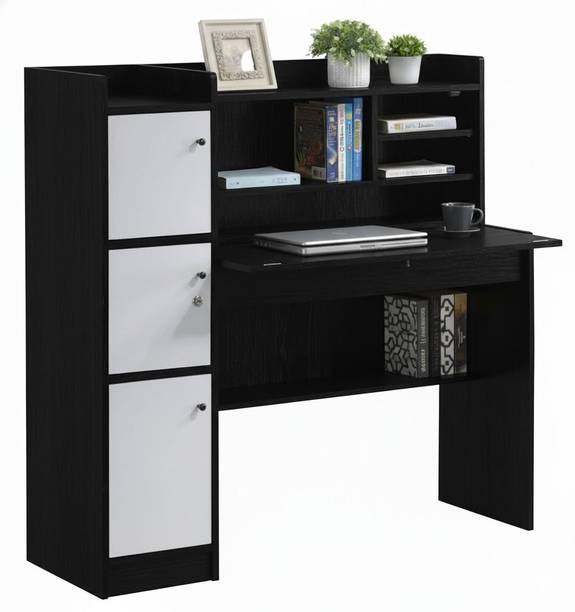 SamT Modern Study Desk with Bookshelf & Cabinets | MDF Workstation (Black & White) Engineered Wood Study Table