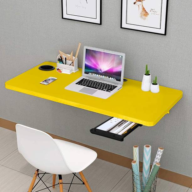 Torche (31 x16 inches) Round cornered solid Wood Powder Coated Steel Wall-Mounted Folding Kitchen and Computer Table Office Table. (Yellow Solid Wood Study Table