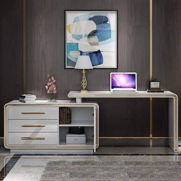 KDINTERIORS Modern White " L-Shaped Desk Corner Computer Desk with Cabinet Engineered Wood Office Table