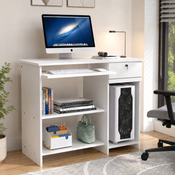 ROOSO LIVING Bingo Study Table with Keyboard Tray, Lockable Drawer,CPU Storage & Open Shelves Engineered Wood Study Table