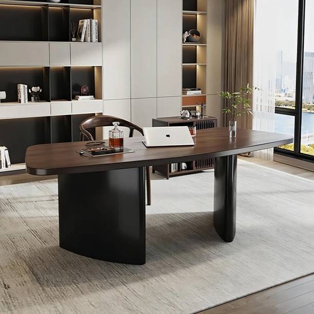 NG Decor Solid Wood Top Metal Base Curved Solid Wood Writing Desk Solid Wood Study Table
