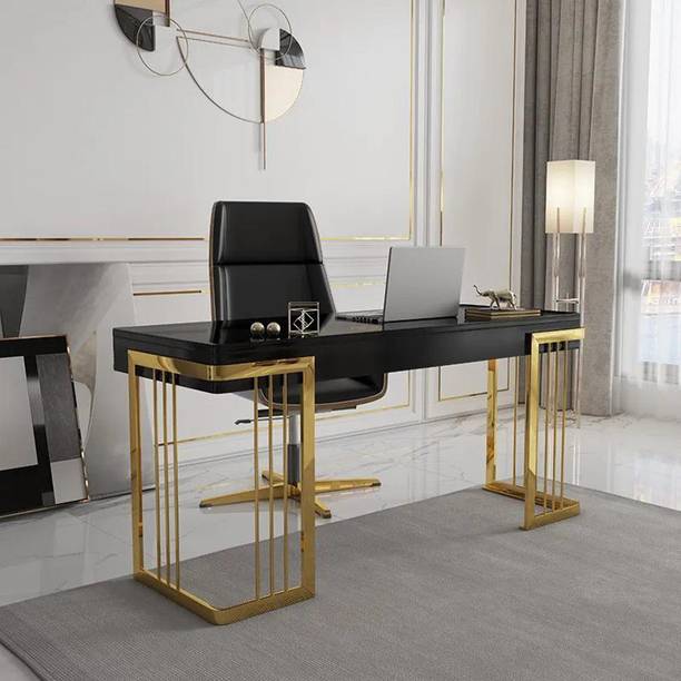 NG Decor Glossy Black Wooden Writing Office Computer Desk with Drawer Modern Gold Base Engineered Wood Office Table