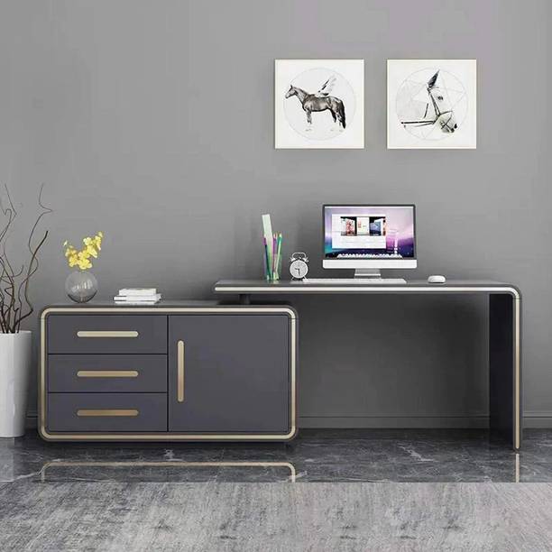 KDINTERIORS Modern Grey " L-Shaped Desk Corner Computer Desk with Cabinet Engineered Wood Office Table