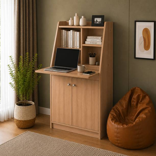 ROOSO LIVING Wonder Study Table with Bookshelf & 2 Door Storage Cabinet Engineered Wood Study Table