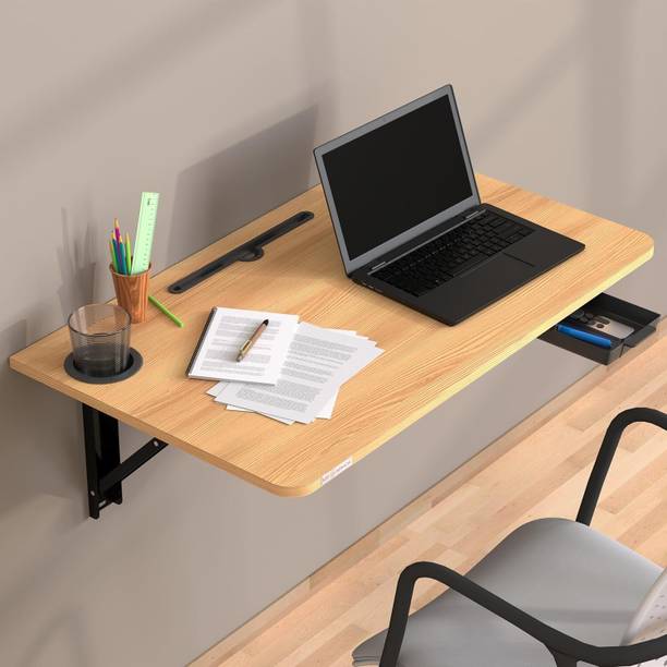 MY ARMOR Wall Mounted Round Corner Folding Study Table with Drawer, 31x18.5 Inches Engineered Wood Study Table