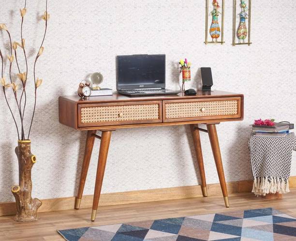 veenuarts Solid Wood Rattan Cane Study Laptop Table with Two Drawer | Computer Desk Solid Wood Study Table
