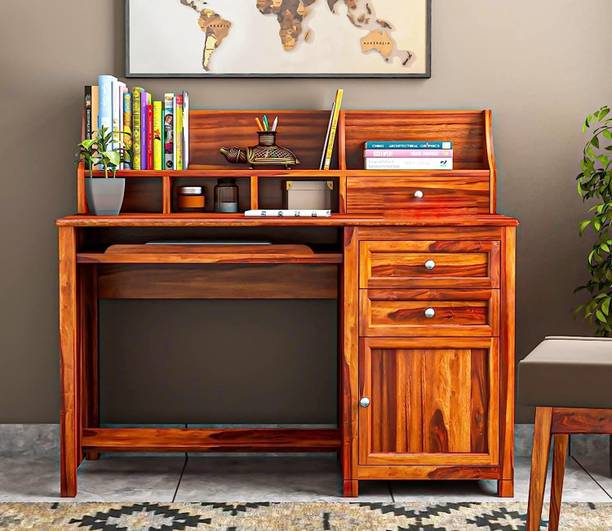 Pandit Wooden Art Laptop Office Desk Tables with 3 Drawer Study Table Free Standing, Finish-Honey Solid Wood Office Table