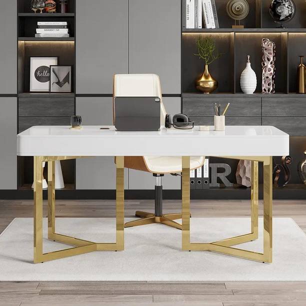 NG Decor White Office Desk 55" Modern Writing Desk Gold Tripod Base Stainless Steel Engineered Wood Office Table