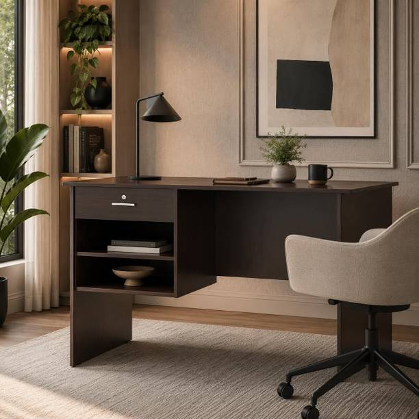 CREATIVE QUBE Verto Study & Office Table with Smooth Lockable Drawer and 2 Shelves for Storage Engineered Wood Office Table