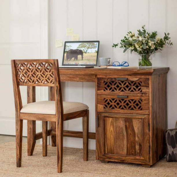 WOODSTAGE Writing Tables with 2 Drawer and 1 Cabinet Storage with chair For Study Room Solid Wood Study Table