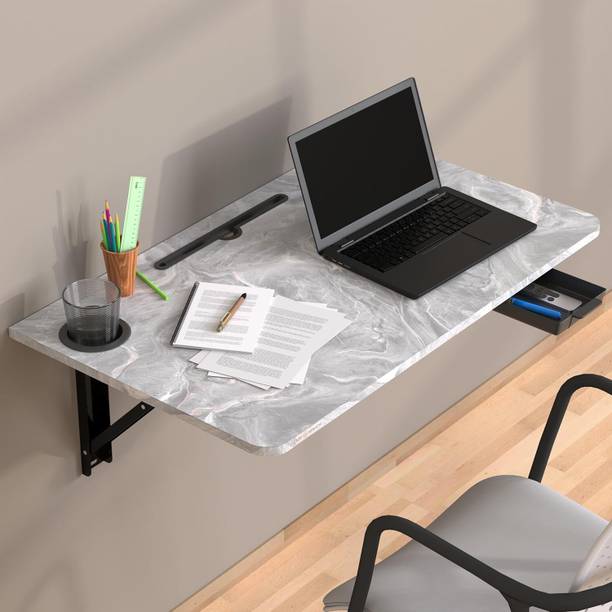 MY ARMOR Wall Mounted Round Corner Folding Study Table with Drawer, 31x18.5 Inches Engineered Wood Study Table