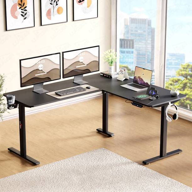 LUKZER EST-001/UC L-Shape Electric Height Adjustable Desk with USB & Type-C Engineered Wood Multipurpose Table