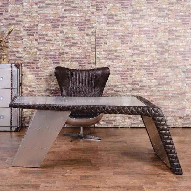 NG Decor 76" Aviator Desk with Storage Aluminum and Leather Office Desk Engineered Wood Office Table