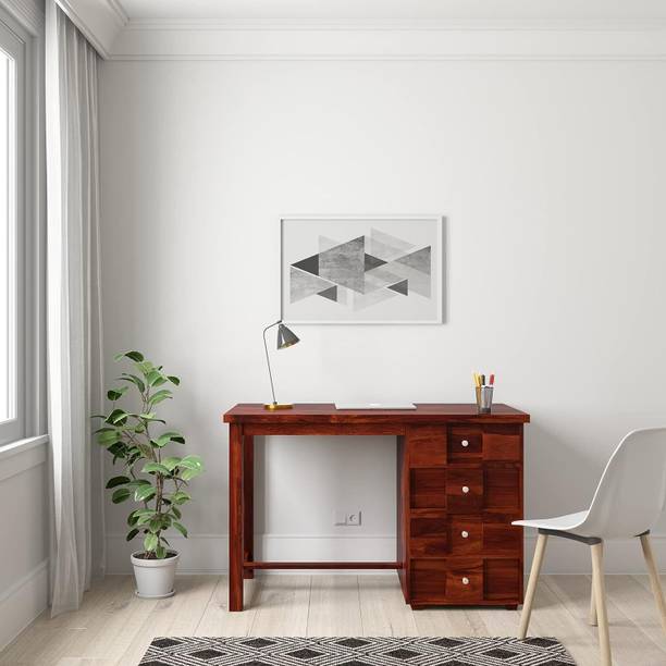 WOODSTAGE Solid Wood Computer Study Table With 4 Drawers Storage For Home Living Room Solid Wood Study Table