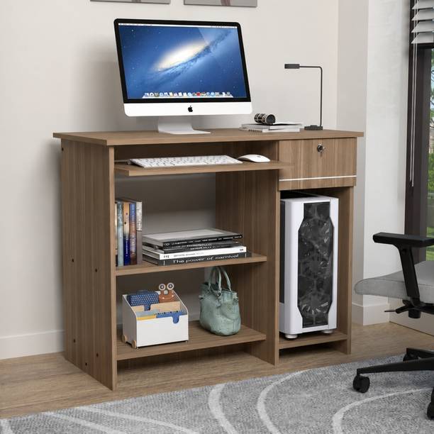 ROOSO LIVING Bingo Study Table with Keyboard Tray, Lockable Drawer,CPU Storage & Open Shelves Engineered Wood Study Table