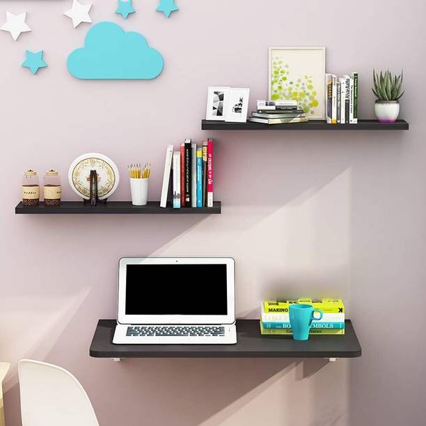 Livzing Livzing Folding Wall Mount Study Desk Laptop Table Adjustable Floating Display Shelf Stand Rack for Living Room Office with Two Shelves Engineered Wood Study Table