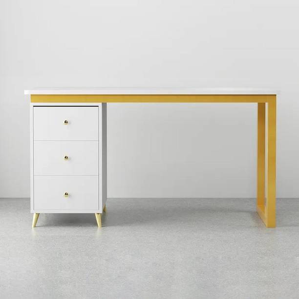 NG Decor Wooden Home Office White Computer Desk with 3 Drawers & Side Cabinet in Gold Engineered Wood Office Table