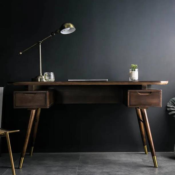 NG Decor 59.1" Modern Walnut Office Desk Wooden Writng Desk with 2 Drawers in Gold Finish Engineered Wood Office Table
