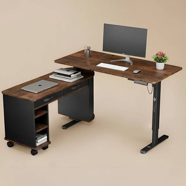 Artikel Opulent L-Shaped Electric Height Adjustable Desk with Storage, 100kg Load Engineered Wood Office Table