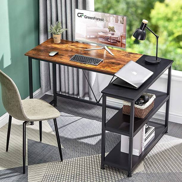 TEKAVO Reversible L-Shape Corner Desk with Storage Shelf, Writing Computer Desk Saving Space for Home/Office PC Workstation Laptop Table, Rustic Brown and Black - (130x50x75 cm) Engineered Wood Office Table