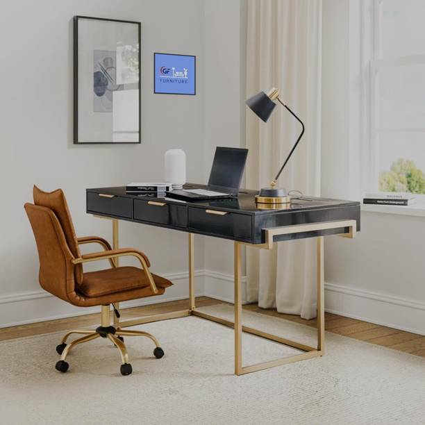 GF Furniture Modern Black Writing Desk with Gold Metal Base, 3 Drawers Solid Wood Multipurpose Table