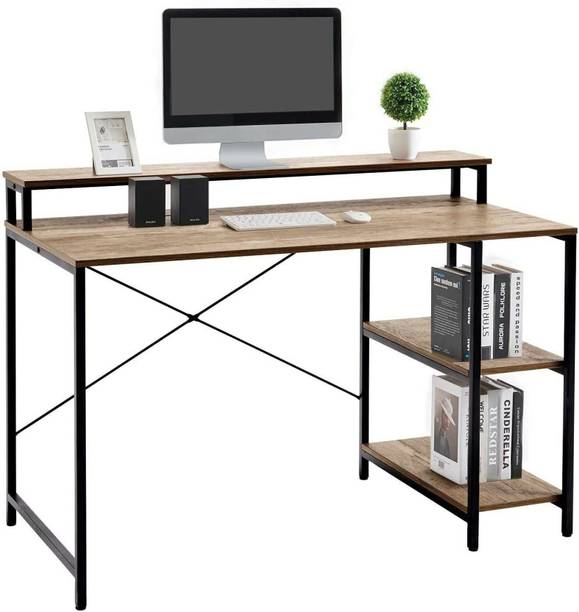 Worldwood Computer Table with Monitor Riser and Storage Shelves Engineered Wood Study Table