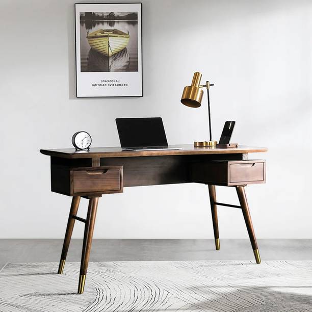 KDINTERIORS Modern Walnut Office Desk Wooden Writng Desk with 2 Drawers in Gold Finish Engineered Wood Office Table