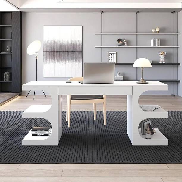 NG Decor White Wooden Writing Desk Modern Office Desk with 1 Drawer & 4 Open Shelves Engineered Wood Office Table