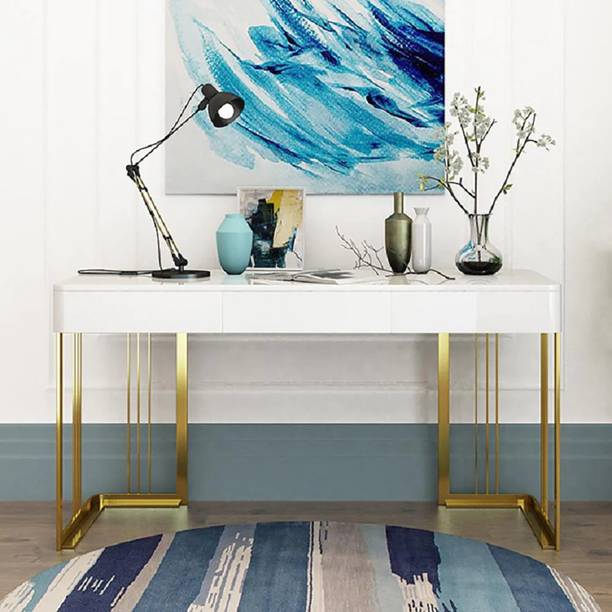 Kd Kohinoor Décor Glossy Wooden Writing Desk Modern Desk Computer Desk with Drawers in Gold Base Engineered Wood Office Table