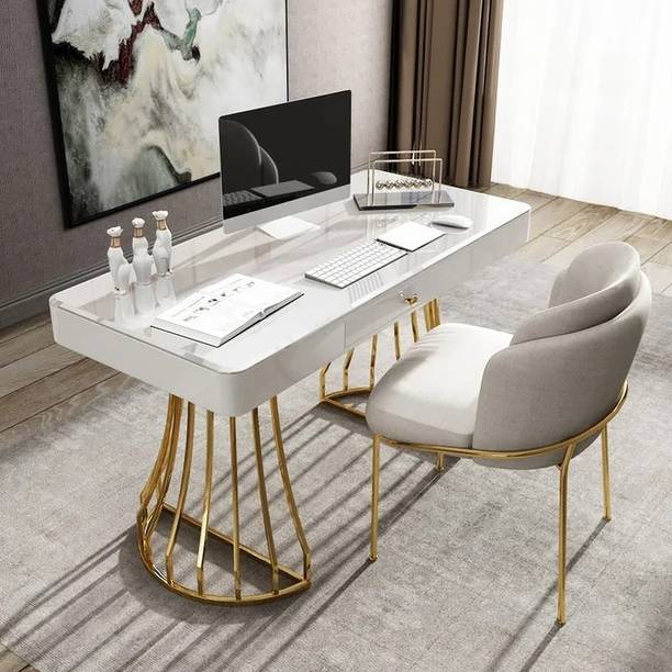 Kd Kohinoor Décor White Office Desk 47" Modern Writing Desk Gold Base Stainless Steel Engineered Wood Office Table