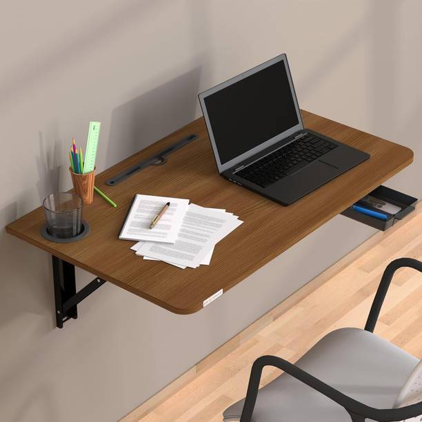 MY ARMOR Wall Mounted Round Corner Folding Study Table with Drawer, 31x18.5 Inches Engineered Wood Study Table