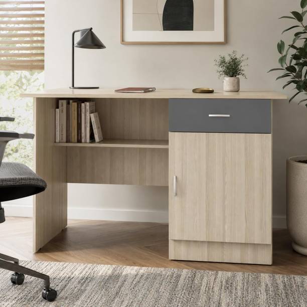 CREATIVE QUBE 120cm Engineered Wood Study Desk with Drawer & Cabinet - Matte Moldau Acacia Engineered Wood Office Table
