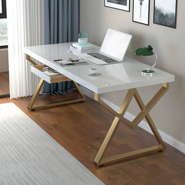 KDINTERIORS Modern Rectangular White Writing Desk Metal Base Wooden Home Office Desk Engineered Wood Office Table