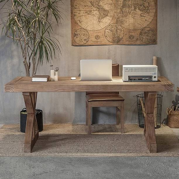 KDINTERIORS Rustic Farmhouse Computer Desk in Natural with Trestle Base Wooden Office Desk Engineered Wood Office Table