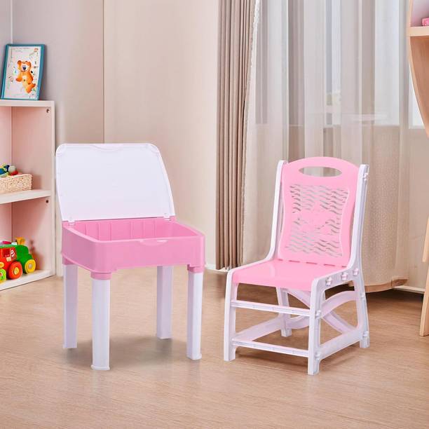 KUBER INDUSTRIES Collapsible Study Table & Chair Set With Storage For Stationary | Pink & White Plastic Study Table