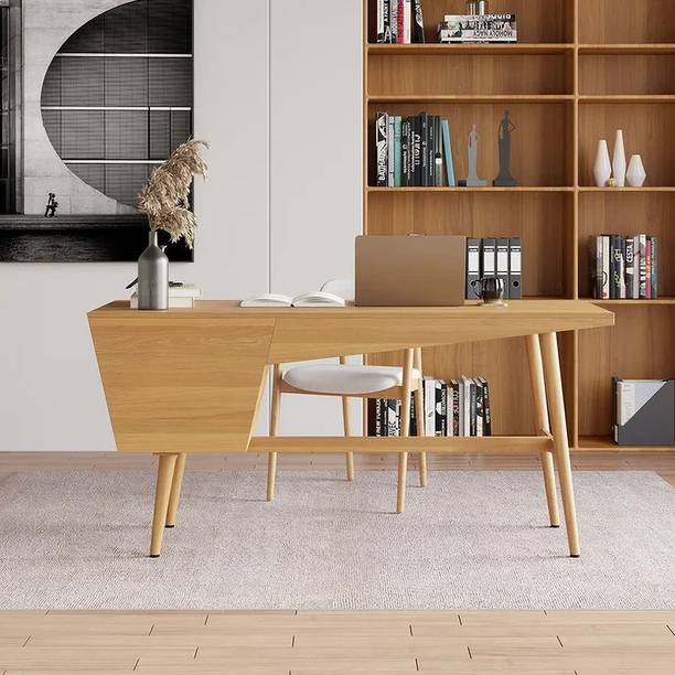 KDINTERIORS Mid Century Modern Natural Writing Desk Wood Computer Desk with 2 Drawers 4 Legs Engineered Wood Office Table