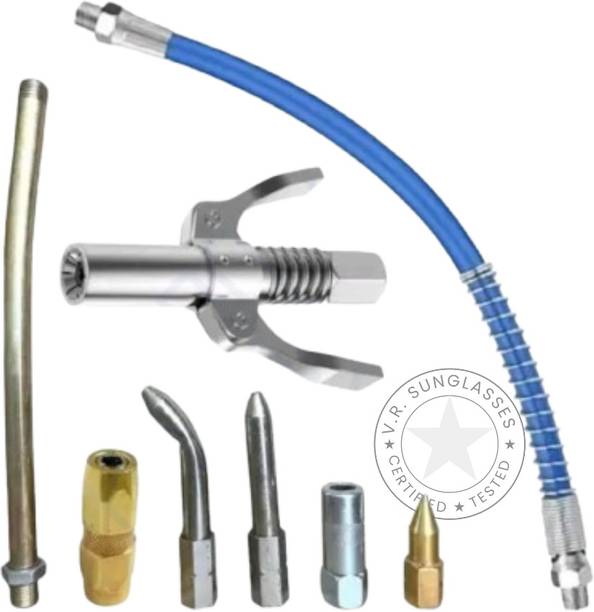 MEJEE TOOLS GREASE GUN COUPLER 10000PSI WITH 15 INCH FLEXIBLE PIPE , 7PC GREASE NOZZLES Manual Dispenser