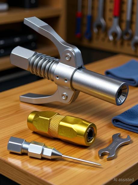EPITECH MART Grease Gun 4 Jaw Adaptor Golden, Needle Tip With Grease Gun Coupler Manual Dispenser
