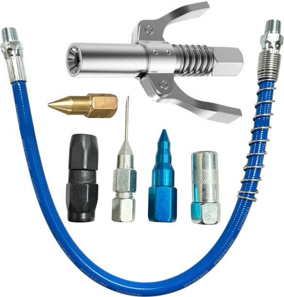 EPITECH MART Grease Gun Coupler With 5Pc Grease Gun Nozzles, 15inch Blue Flexible Pipe Manual Dispenser