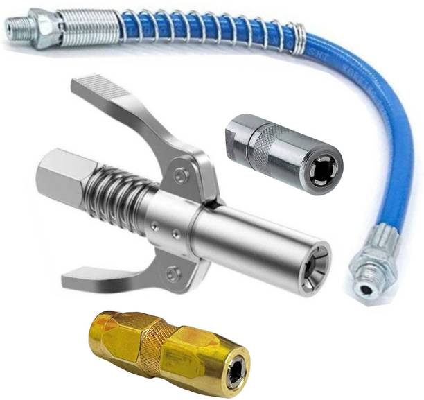 EPITECH MART Grease Gun Coupler With 12" Flexible Blue Pipe, 4 Jaw Adaptor Golden & Silver Manual Dispenser