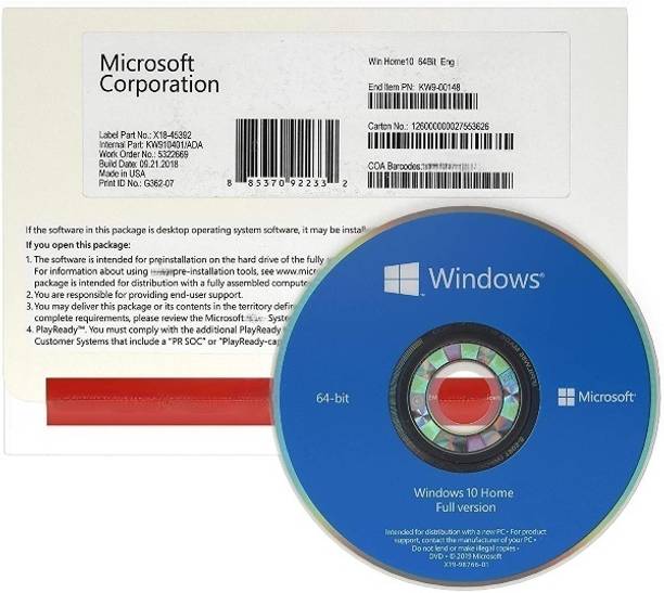 MICROSOFT Windows 10 Home (1 User, Lifetime Validity) Dvd Pack Full Version Retail License 64 Bit