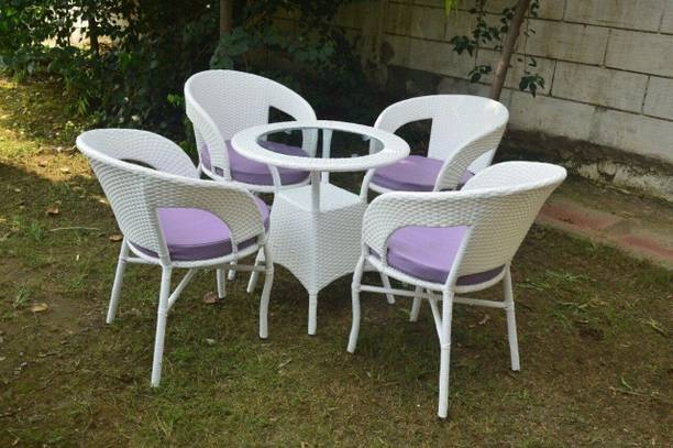 ZENTOX D12 4+1 White with Purple cushion Patio Chair Table Sets Wicker Metal Outdoor Chair