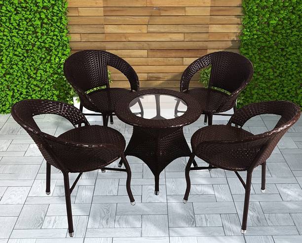 Jiomee Furniture Rattan Wicker 4-Seater Patio Coffee Chair & Table Set with Glass Top Metal Outdoor Chair